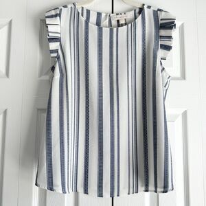 Monteau Sleeveless Blouse Size XL Blue White Stripe Flutter Sleeves